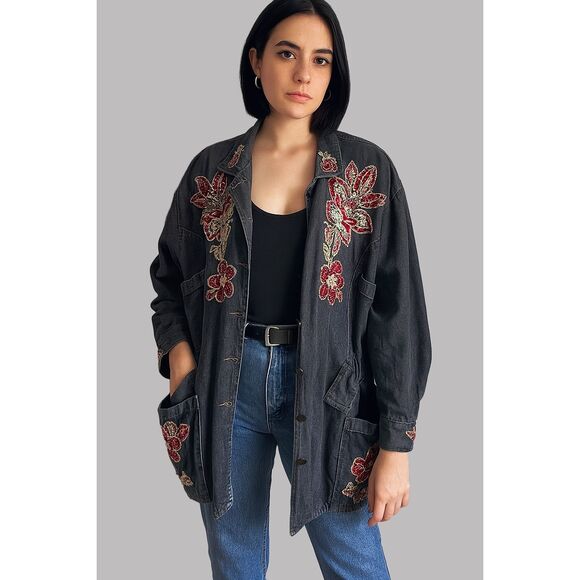 Vintage Oakbrook Oversized Embroidered Denim Jacket Medium Boho Western Floral - Picture 1 of 11